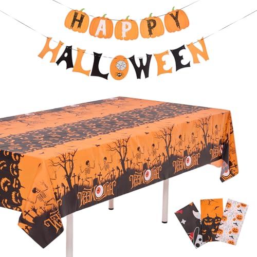 Halloween Pumpkins Tablecloth Set - 54x108 Inch Disposable Plastic Table Cover with Banner - 3 Styles
