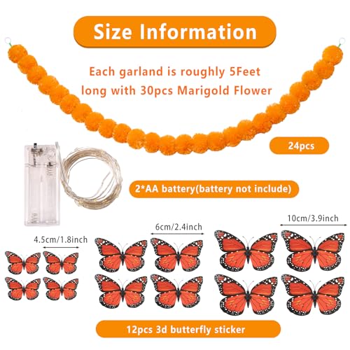 Halloween Marigold Garland with LED Lights & Butterfly Decor - 24 Pieces, 5ft