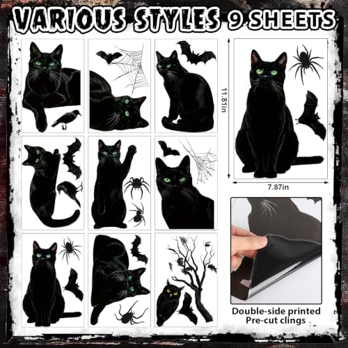 Large Black Halloween Window Clings - 9 Sheets Bat Cats Spiderweb Decor for Glass Windows & Doors