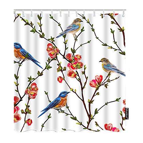 Bird Shower Curtain Waterproof Polyester Fabric 72x72 Inch with Hooks - Blue Birds on Tree
