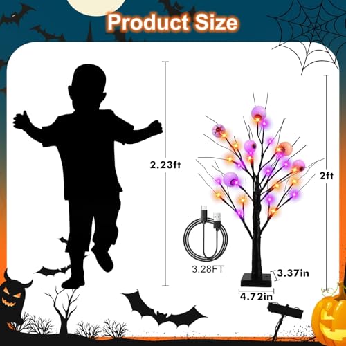 2FT Halloween Lighted Tree Set - Indoor Spooky Decor with 48 LEDs & Timer