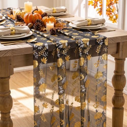 Artoid Mode Fall Gauze Table Runner 120 Inch Black Gold with Metallic Foil Leaves