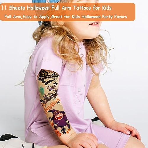Kids Halloween Full Arm Temporary Tattoos - 11 Sheets Waterproof Fun