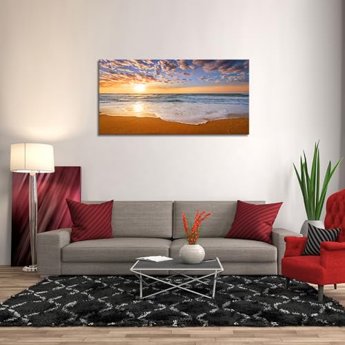 Beach Sunrise Wall Art Canvas Prints - Colorful Ocean Seascape, 48x24 Inches, Ready to Hang