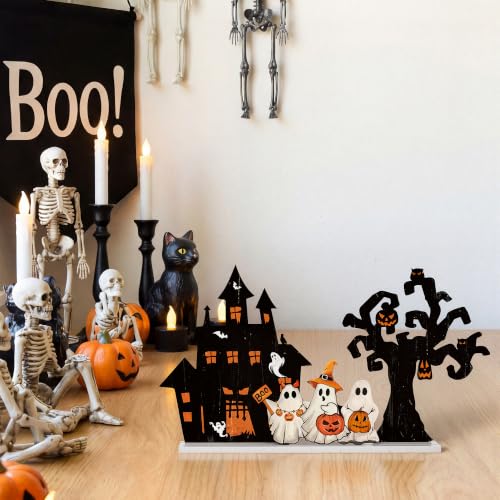Halloween Ghost Haunted House and Tree Wooden Decor Set - Halloween Tree Variation