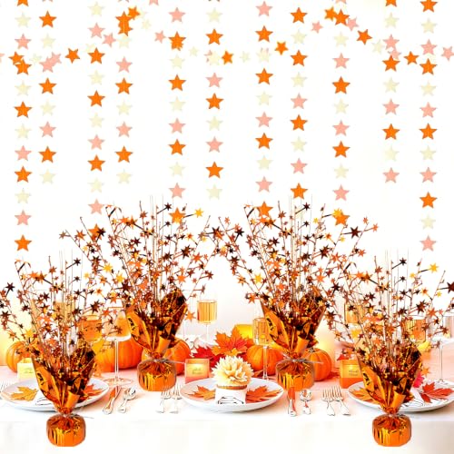 Fall Table Centerpiece Set with Metallic Orange Stars - Thanksgiving & Autumn Decor, 6 Pack