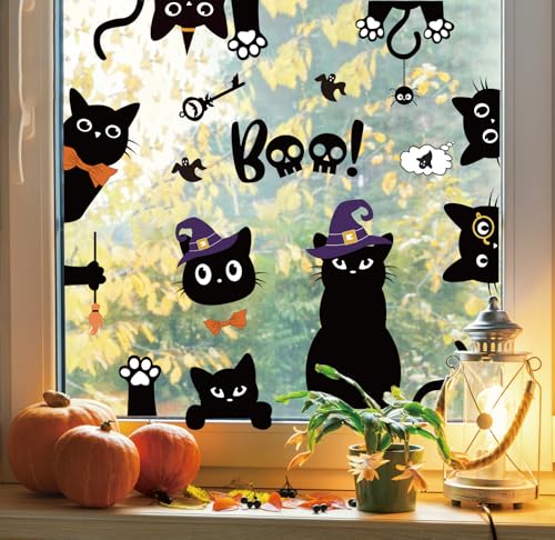 Halloween Black Cat Window Clings - Double-Sided Boo Decal Set for Glass & Mirrors, 4 Sheets