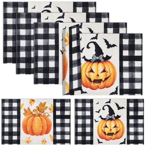 Halloween Placemats Set of 4 - Double Sided Buffalo Plaid Pumpkin Design, 12x18 Inches - Pumpkin Variation