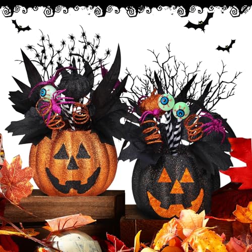 Halloween Jack O Lantern Table Centerpieces - Artificial Flowers with Spiders & Eyeballs, 14x10 Inches - Spooky Indoor Outdoor Decor