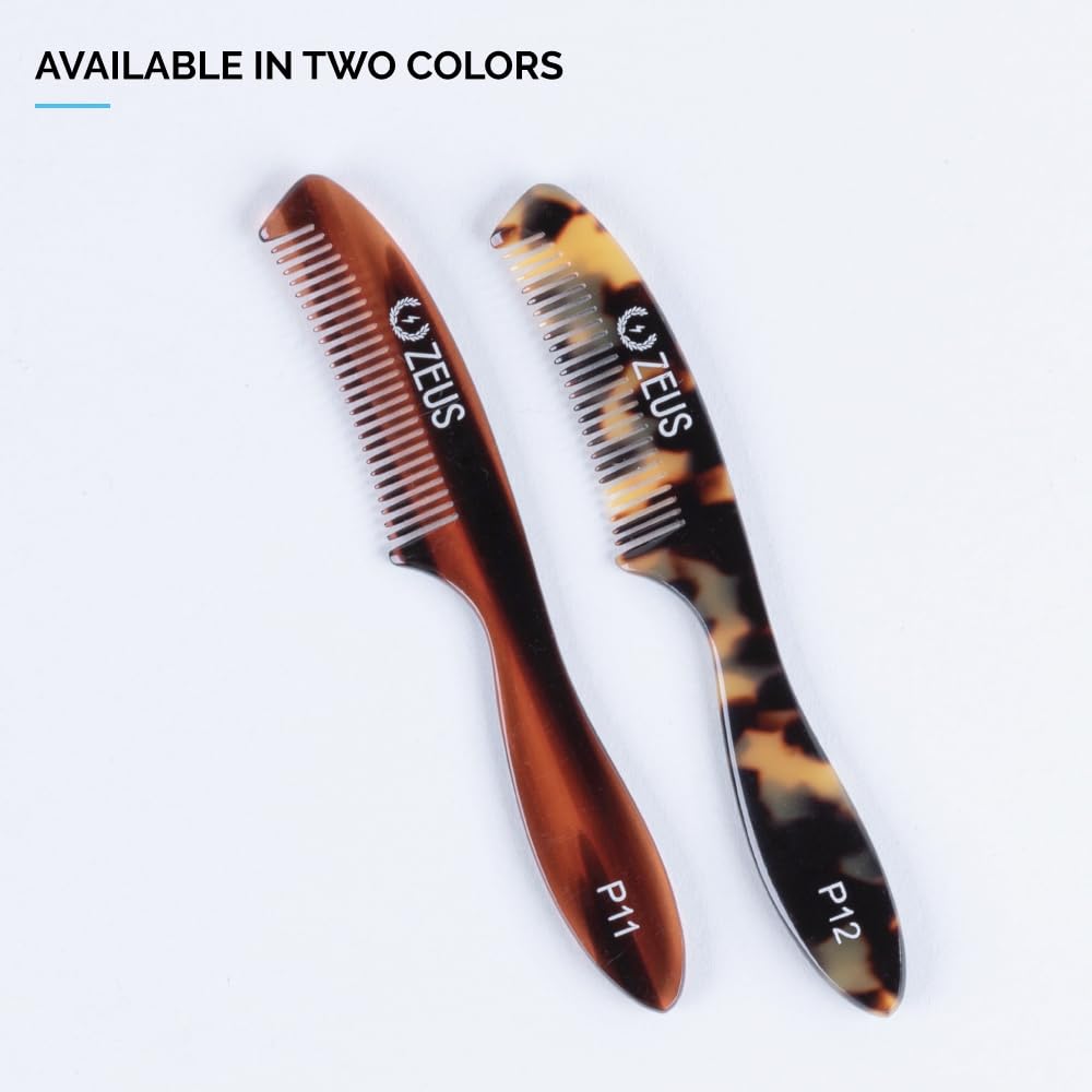 ZEUS Large 5” Mustache Comb for Men, Handmade Saw Cut, Long Handle Beard & Mustache Grooming Tool for Precise Styling (Tortoiseshell) P12