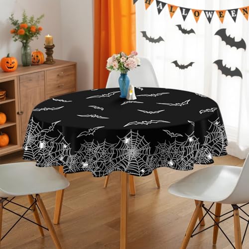 Halloween Round 70 Inch Tablecloth - Black Spider Web & Bat Design, Waterproof, Indoor & Outdoor Party Decor - Variation of THIS listing