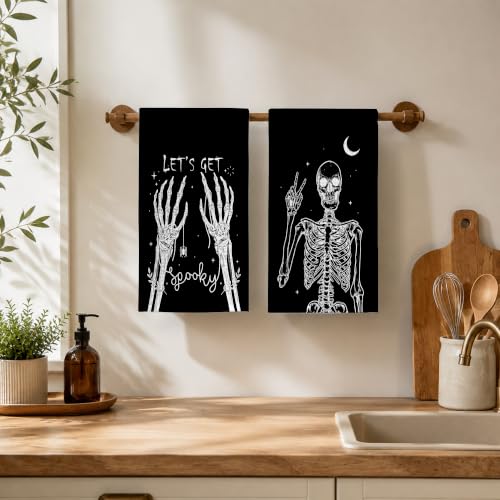 Skeleton Spooky Kitchen Towels Set of 2 Halloween Dish Towels - Black & White