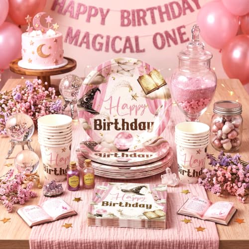Pink Magical Wizard Birthday & Halloween Party Decorations Set - 96 Pieces with Plates Cups Napkins - Sunnychicc