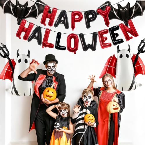 Red Happy Halloween Banner Set with Balloons for Halloween Party Decorations Outdoor Ghost Bat Ghost Balloons