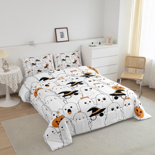 Halloween Cartoon Ghost Comforter Set Twin Black Orange White with Pumpkin Lantern & Witch Hat Variation of THIS listing