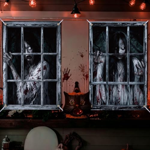 Halloween Window Curtain Cover - Scary Female Ghost Poster, 3 Pieces, Spooky Decor