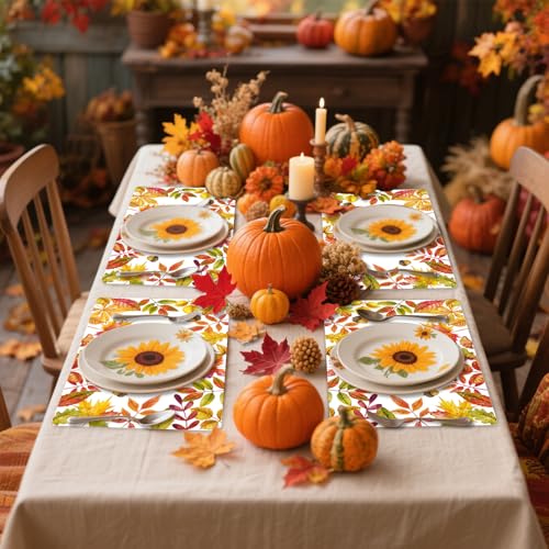 Yellow Maple Fall Plastic Placemats Set of 6 - Wipeable Autumn Table Decor 11x15.7 Inches