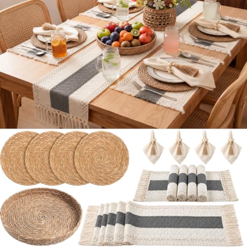 Gray Kitchen Decor Set with Round Woven & Rectangular Placemat, Napkin Rings, Cloth Napkins, Table Runner & Storage Basket - 12x72 Inches
