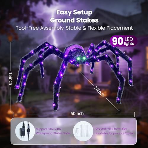 4.2FT Giant Spider Halloween Outdoor Decoration with 90 LED Lights and Ground Stakes