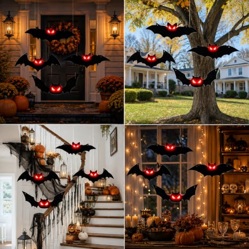 Lighted Halloween Bats Decor - 4PCS Outdoor Indoor Hanging Bat Set - Red Variation