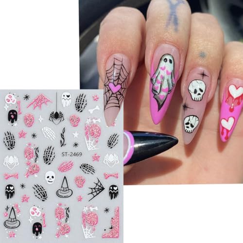 Halloween Nail Stickers Set - 3D Self-Adhesive Glitter Spider Web Ghost Bat Skull for Autumn DIY Nails