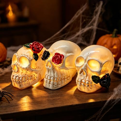 Halloween Skull Figurine Set Gothic Skull Decor with Roses - Color4