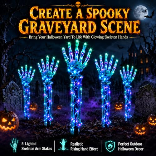 White Halloween Solar Skeleton Stakes with Glowing Skull Hands - Outdoor Pathway Decor
