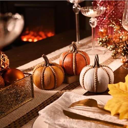 Set of 3 Fall Pumpkin Decor - Resin Autumn Centerpieces for Home, Thanksgiving & Halloween
