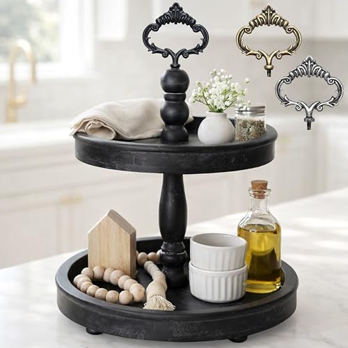 12.6 Inch Black 2-Tier Rustic Tray Stand with 3 Changeable Handles for Kitchen & Home Decor
