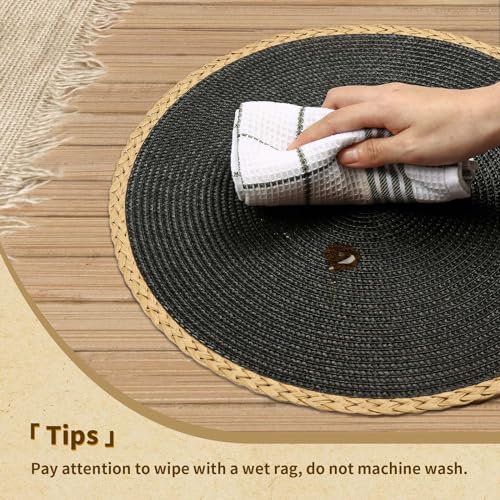 Black Round Placemats Set of 6 - Woven Table Mats with Thin Edge