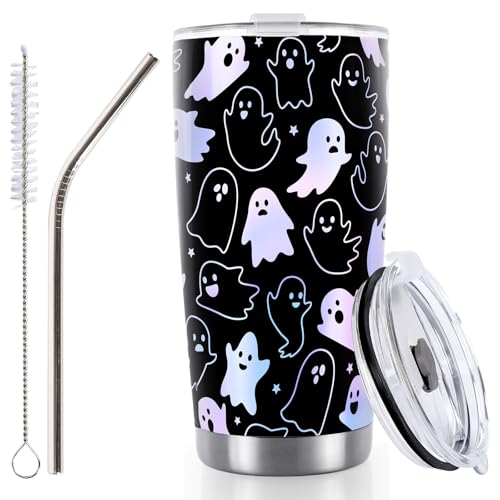 Halloween Ghost Stainless Steel Travel Tumbler with Lid Straw & Brush - Spooky Coffee Mug for Women, Large Capacity, Ghost Variation