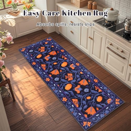 Fall Runner Rug for Hallway 2x6ft - Purple Hello Pumpkin Non Slip Washable Kitchen Entryway Floor Mat