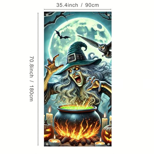 Halloween Door Cover Jack Lantern Witch 35x71 Inch Polyester - Seasonal Front Door Decor