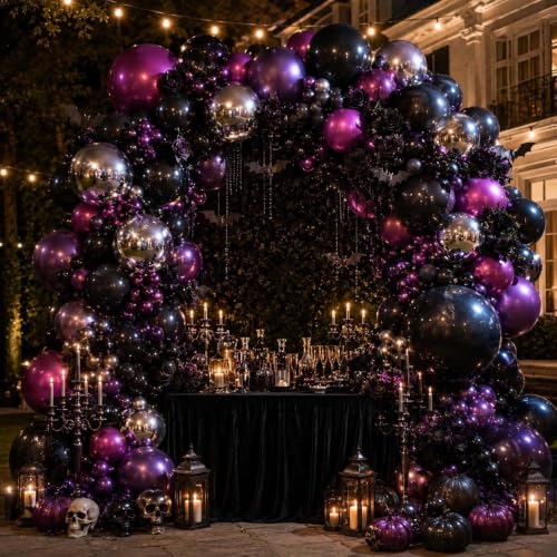 Black Purple Balloon Arch Kit Double Stuffed Purple Silver Foil Balloons