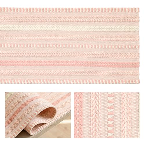 Pink Farmhouse Striped Braided Table Runner 12x120 Inch - Artoid Mode