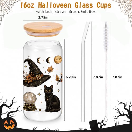 Halloween Glass Cup with Lid & Straw - 16oz Witch Design, Gift Set