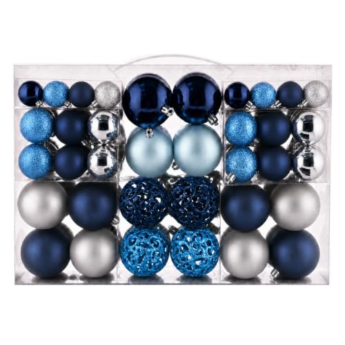 Christmas Ornaments Set - Shatterproof Holiday Tree Decorations in Dark Blue, Sky Blue & Silver, 100 Pack
