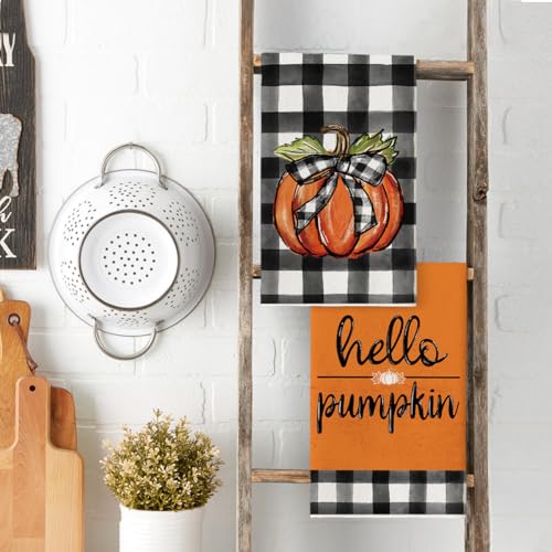 Hello Pumpkin Fall Kitchen Towels Set of 2 - 18x26 Inch Absorbent Dish Towels
