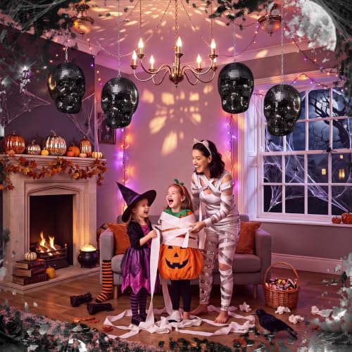 Disco Halloween Skull Decor Set - Black Hanging Mirror Mosaic Ornaments, 6.9 x 4.3 Inches, 3 Pack