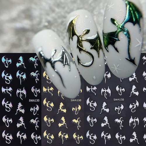 Halloween Nail Art Stickers - Gold Silver Bat 3D Self-Adhesive Decals for Manicure