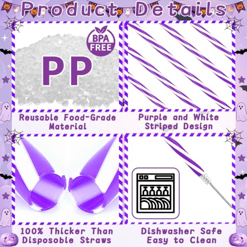 Reusable Halloween Straws Set - 50 Purple & White Striped Plastic Drink Stirrers