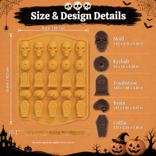 25 Cavities Halloween Skull Silicone Mold - 3D Eyeball, Tombstone, Brain, Coffin