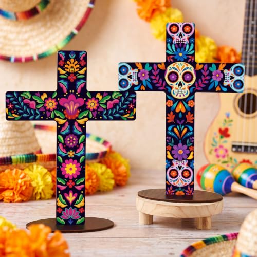 Pinkunn 2-Piece Mexican Cross Wood Table Decor - Floral Skeleton Variation