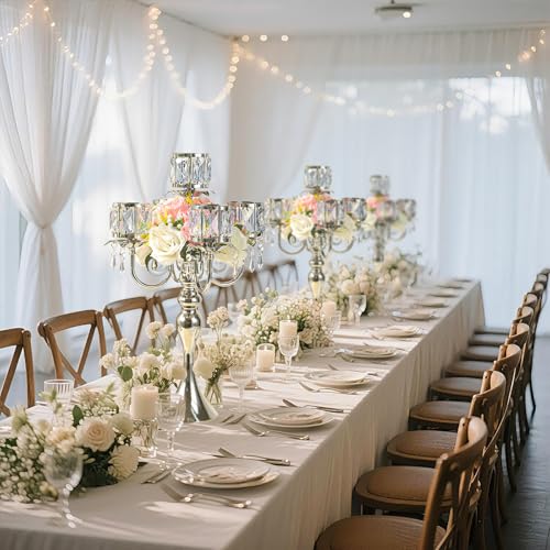 Crystal Candle Holder with Square Bowl - Silver 5-Arm 22-Inch Centerpiece for Weddings & Events - Variation: Square-Crystal Bowl
