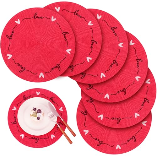 Valentine Heart Placemats Set of 6 - Red Love Design, Waterproof Table Mats, 13.4 Inch
