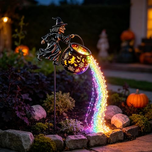Outdoor Witch Cauldron Halloween Garden Light with Cascading Rainbow LEDs