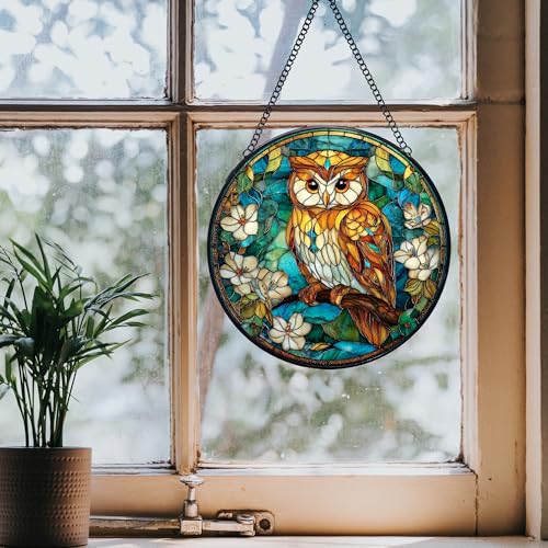 7.9-Inch Stained Glass Owl Sun Catcher with Metal Frame for Windows & Walls - Indoor Decor