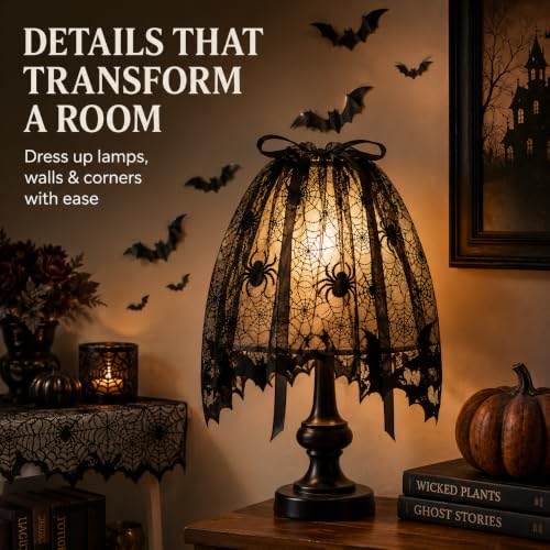 Halloween Tablecloth and Decor Set with Spider Web Lace Runner Bat Wall Stickers
