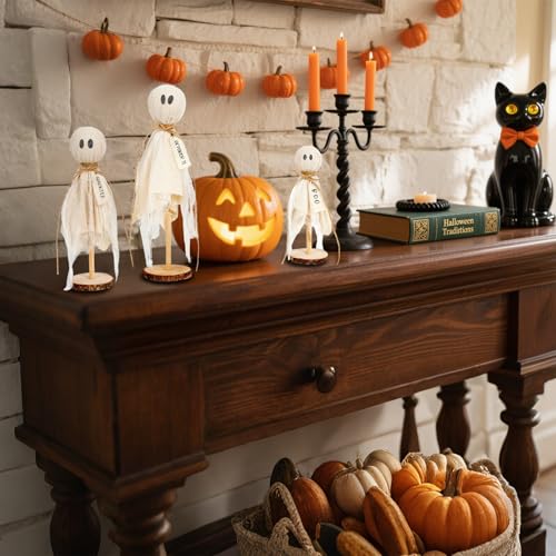 Set of 3 Rustic Wooden Ghost Halloween Decorations for Centerpiece and Mantel