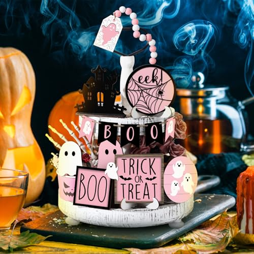 Pink Ghost Halloween Tiered Tray Decor Set - 15 Pcs Blush Pink Ghost & Boo Signs